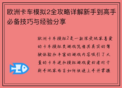 欧洲卡车模拟2全攻略详解新手到高手必备技巧与经验分享